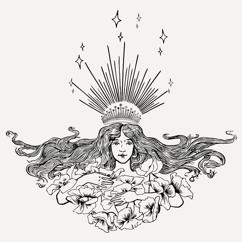 Main logo for stories of evermore featuring a wild haired fair skinned fairy queen with a magnificent sparkling crown holding  violets.