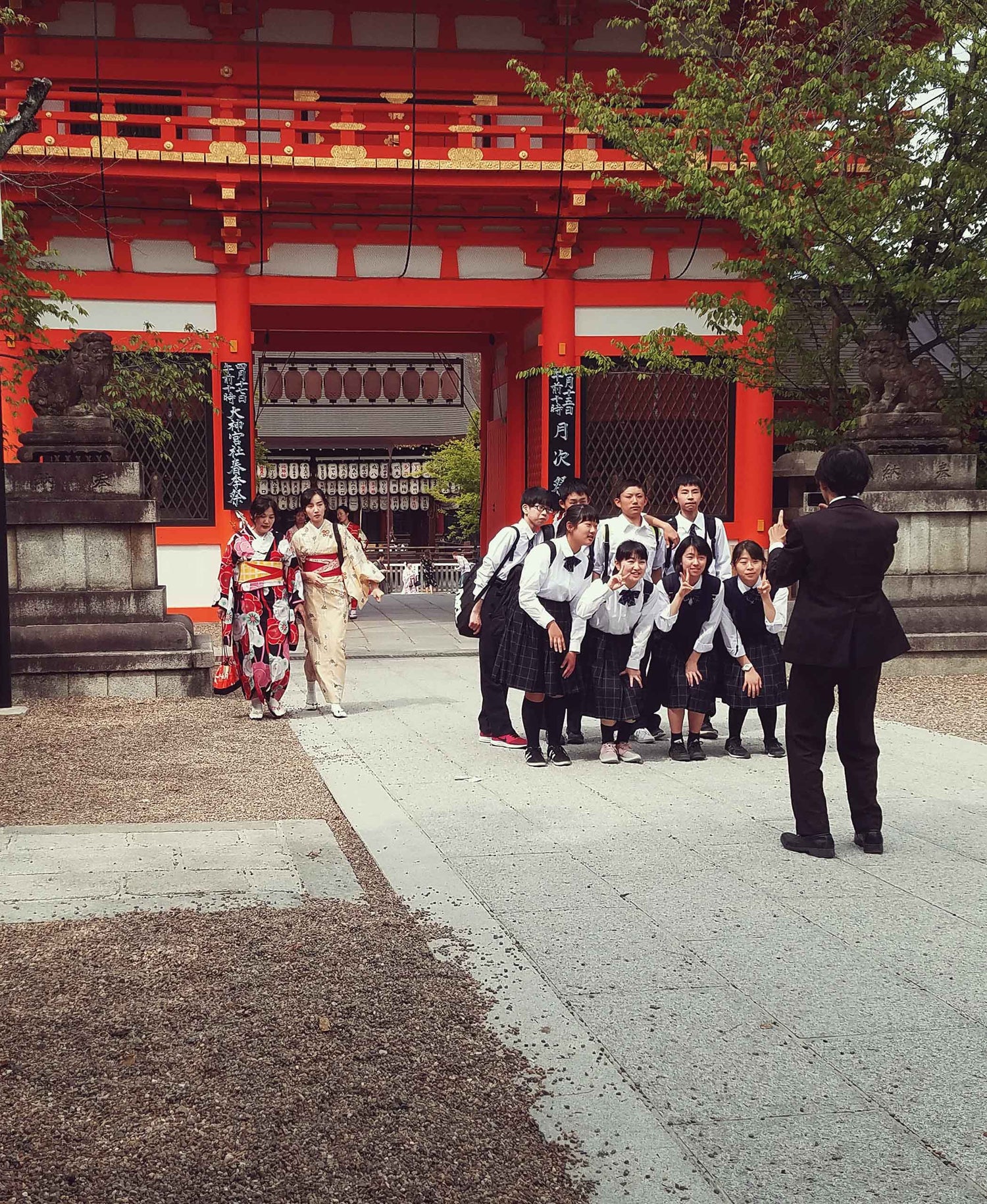 Two elegantly dressed women in traditional Japanese Kimono exit a large temple at the center of Gion (the Geisha District) in Kyoto Japan, while a group of young Japanese students pose for a picture taken by their teacher while on a field trip for the Cherry Blossom Festival.