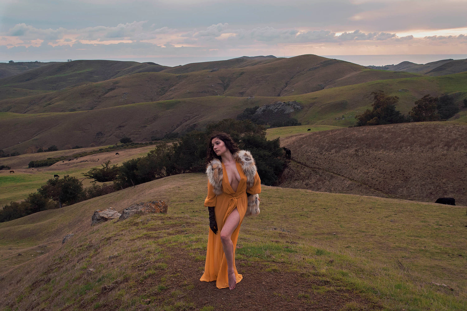 Xan from Stories of Evermore stands in front of a sprawling vista of green rolling hills and the distant ocean at sunset in a mustard yellow gown while wearing a vintage fur vest and vintage leather gloves.